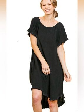 Umgee Black Frayed Edge High-Low Dress